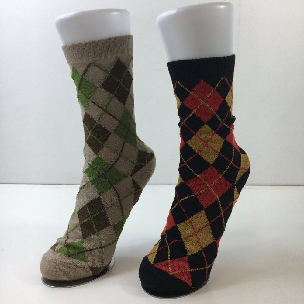 Unisex Argyle Crew Socks 2-Pack Professional Beige Green Black Red Yellow